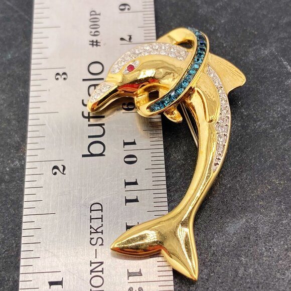 BUTLER Vintage gold tone metal leaping dolphin brooch ~ Signed rhinestone pin - Picture 2 of 10